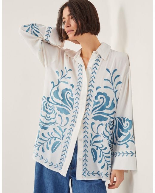 Monsoon Blue Cora Leaf Embroidered Shirt White