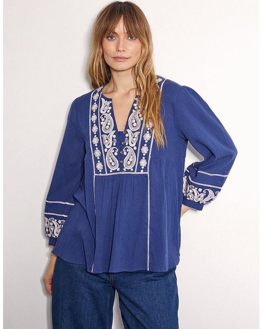 Monsoon East Circe Paisley Embroidered Blouse Blue