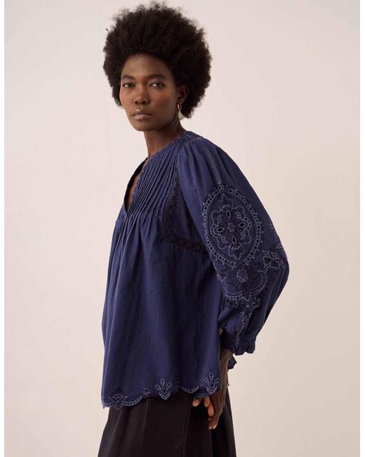 Monsoon East Pavlina Embroidered Cotton Top Blue