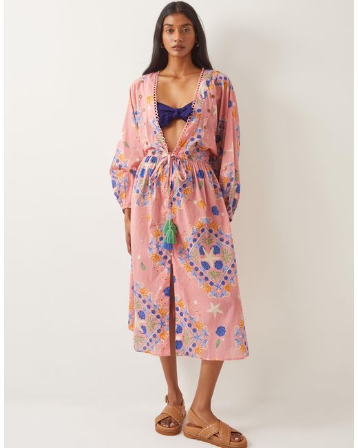Monsoon Pink Mabel Shell Print Cotton Kaftan Dress Orange