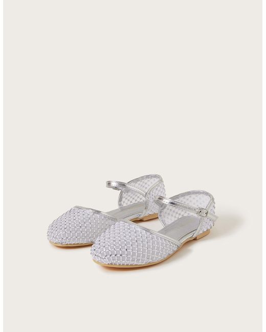 Monsoon White Two-part Diamante Mesh Ballerina Flats Silver