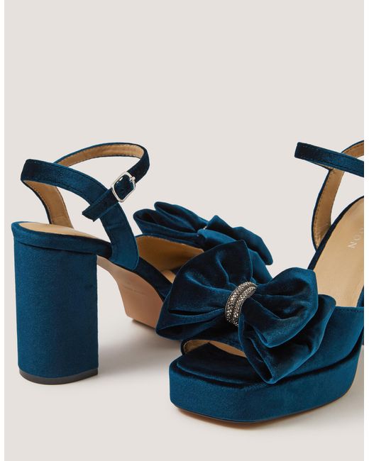 Monsoon Blue Roxi Bow Velvet Platform Heels Teal