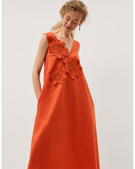 Monsoon Red Rosalie Floral Appliqué Cotton Midi Dress