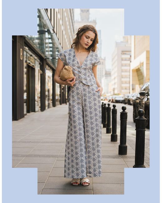 Monsoon Gray Traffic People Rene Floral Wide Leg Trousers Blue