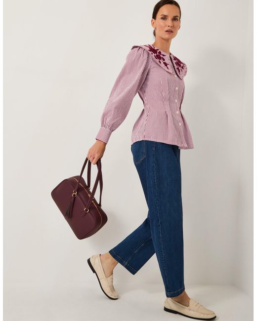 Monsoon Pink Marta Floral Embroidered Stripe Shirt Red