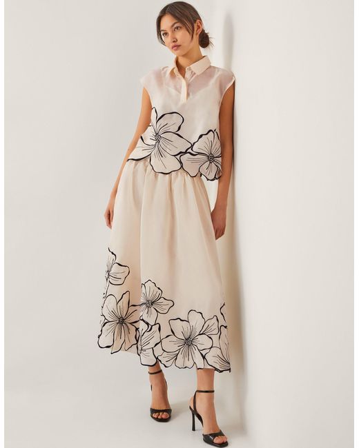 Monsoon Natural Bridget Embroidered Midi Skirt Ivory