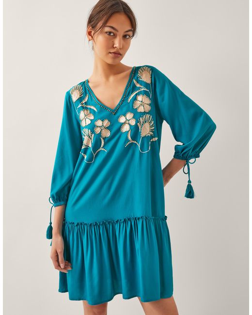 Monsoon Blue Tracy Floral Embellished Mini Kaftan Teal