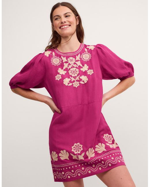 Monsoon Lydia Embroidered Linen Blend Mini Dress Pink