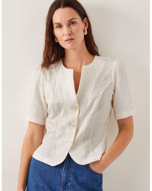 Monsoon White Eliza Short Sleeve Jacquard Top Ivory
