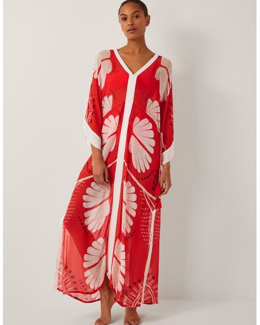 Monsoon Red Nara Leaf Print Kaftan