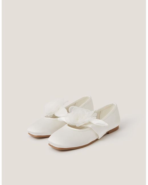 Monsoon Natural Flower Strap Satin Ballet Flats Ivory