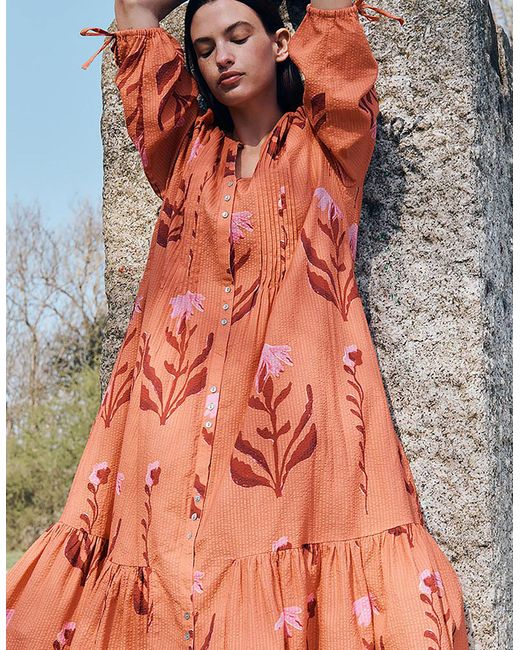 Monsoon East Maisie Botanical Print Cotton Seersucker Dress Orange