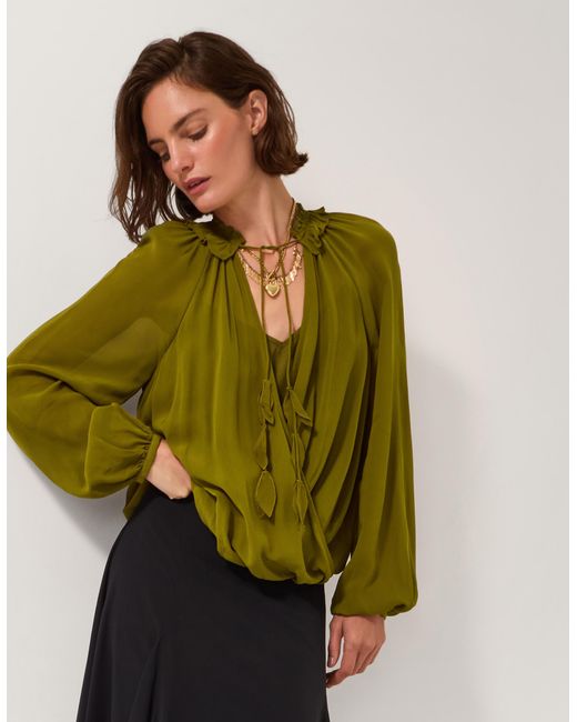 Monsoon Green Ellie Frill Neck Wrap Blouse