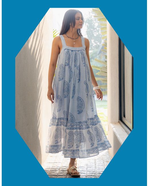 Monsoon Dilli Grey Kaya Sleeveless Block Print Midi Dress Blue