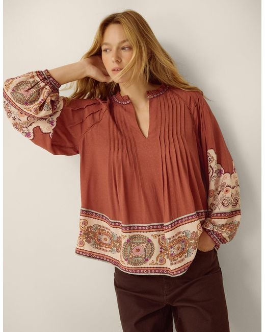Monsoon Alexandra Floral Pintuck Blouse Brown