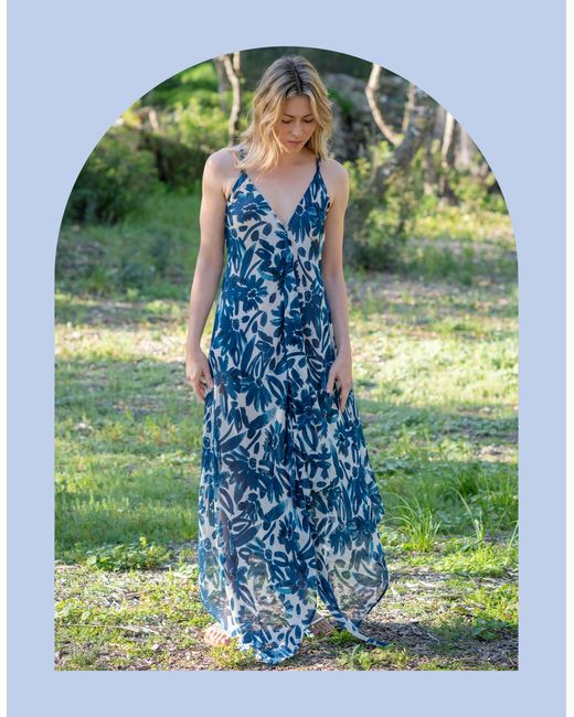 Monsoon Green Lyrical Sisters Floral Print Handkerchief Slip Dress Blue