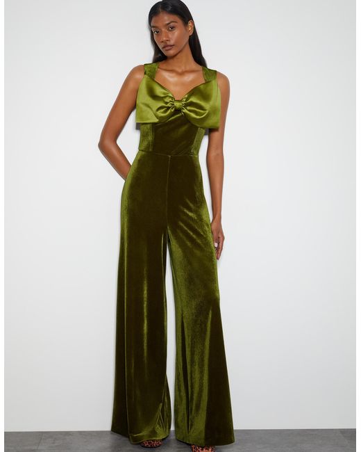 Monsoon X Sarah Corbett-winder Satin Bow Velvet Jumpsuit Green