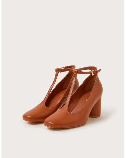 Monsoon Brown Tala T-strap Mary Jane Heels Tan