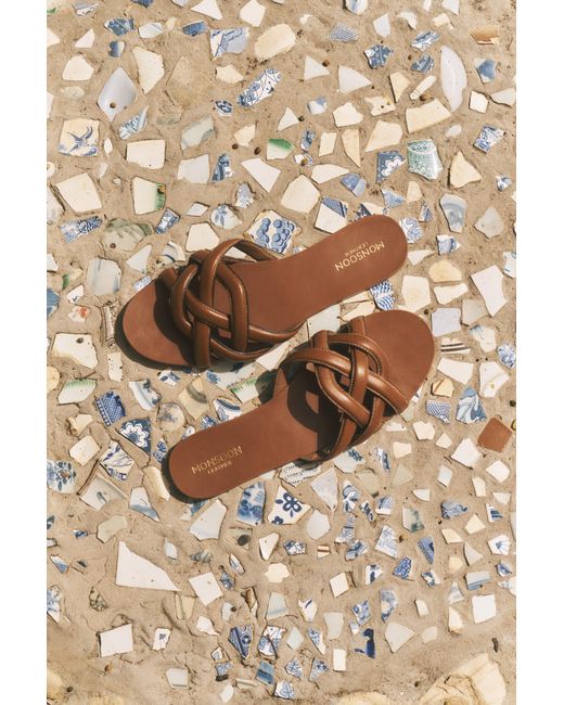 Monsoon Natural Safi Woven Leather Slide Sandals Tan