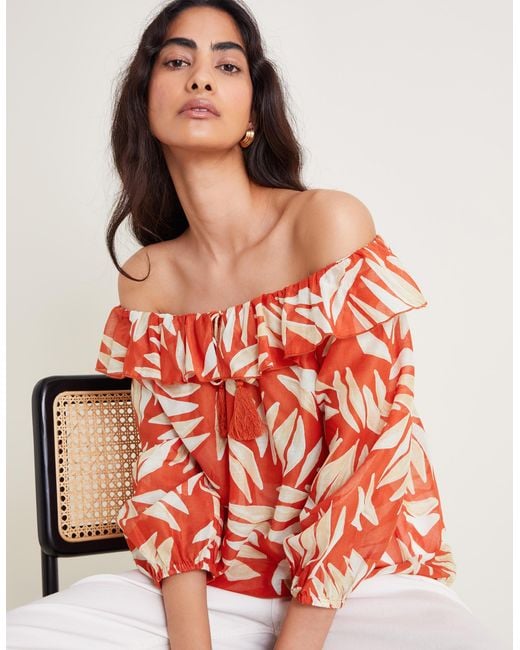 Monsoon Red Shelly Ruffle Bardot Top Orange