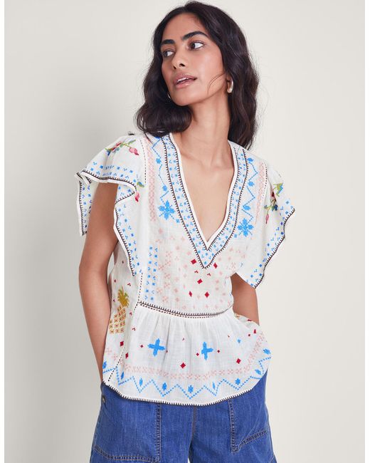 Monsoon Prue Pineapple Embroidered Top White