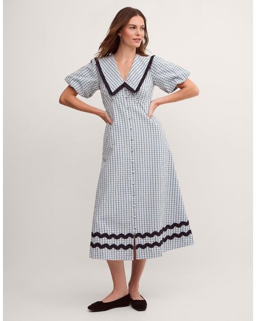 Monsoon Gray Riley Puff Sleeve Check Print Midi Dress Blue