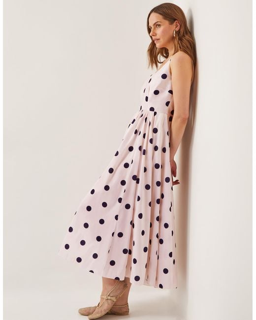 Monsoon Pink Women's Cream & Black Polka Dot Sicily Fit And Flare Midi Dress, Size: 22