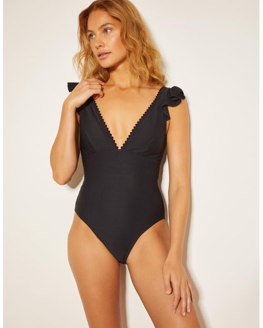 Monsoon Blue Kaylie Plunge Rib Ruffle Swimsuit Black