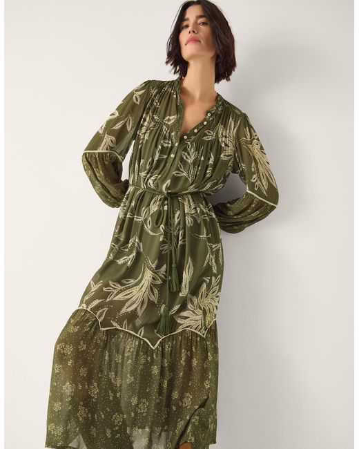 Monsoon Green Leona Long Sleeve Midi Dress
