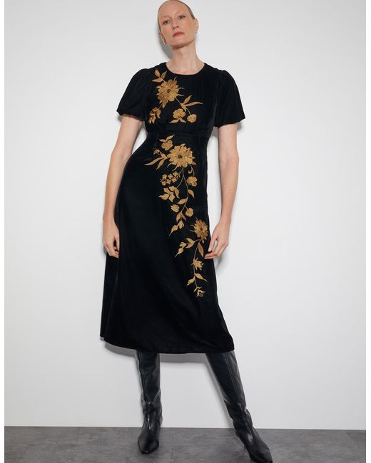 Monsoon Kendra Embroidered Floral Velvet Midi Dress Black