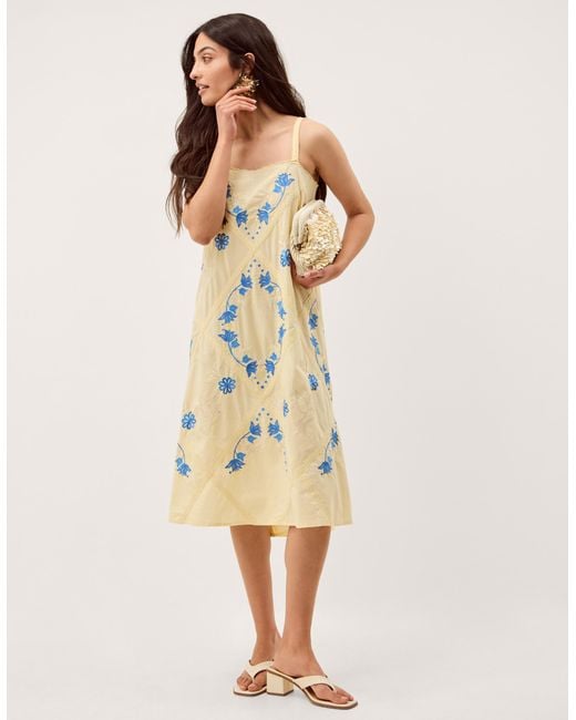 Monsoon Natural Sophie Embroidered Midi Cami Dress Yellow