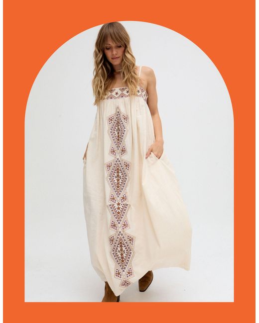 Monsoon White Raffya Sapphire Embroidered Maxi Dress Cream