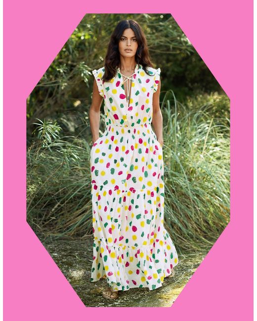 Monsoon La Galeria Elefante Women's Cream & Green Cotton Printed Tiered Maxi Dress, Size: S