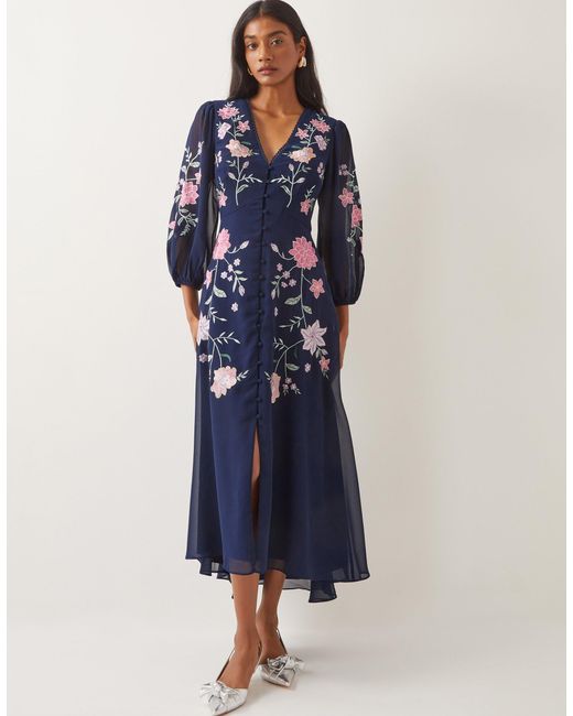 Monsoon Emani Floral Embroidered Midi Tea Dress Blue