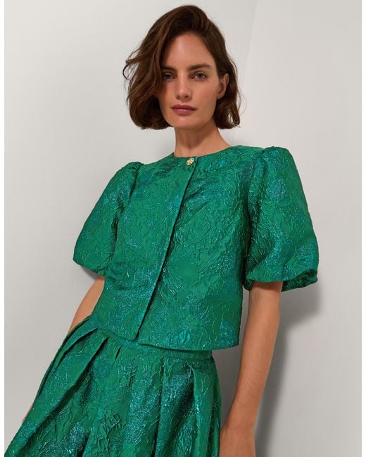 Monsoon Jolene Floral Jacquard Puff Sleeve Jacket Green