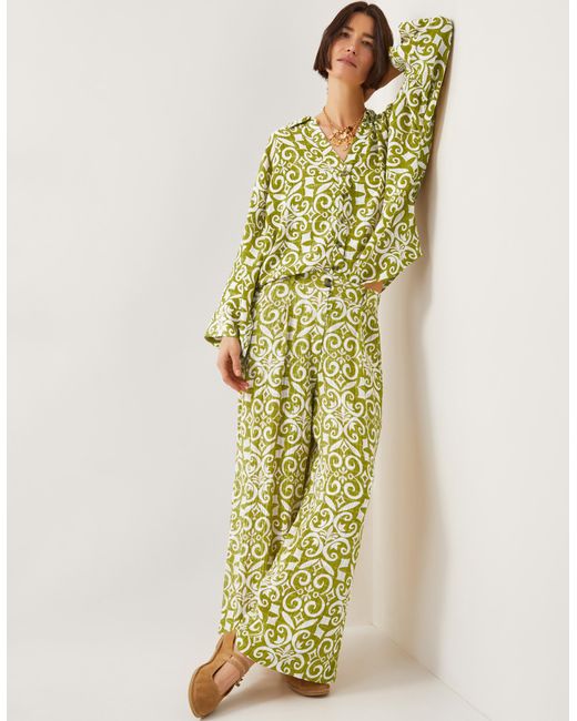 Monsoon Trinny Hand-screen Print Wide Leg Trousers Green