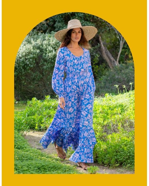Monsoon Yellow La Galeria Elefante Women's Blue & Pink Floral Print Jodie Flamenco Maxi Dress, Blue Size: S