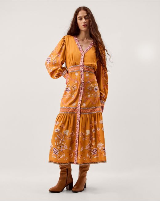 Monsoon Orange Samara Floral Print Midi Dress Yellow