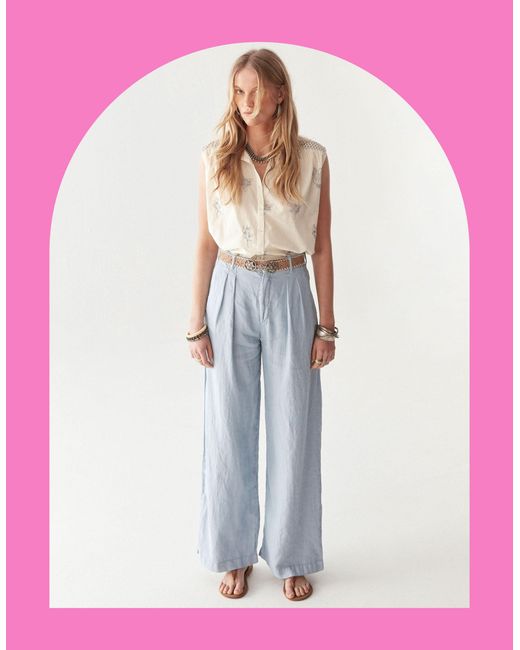 Monsoon Pink Maison Hotel Marisa Wide Leg Linen Trousers Blue