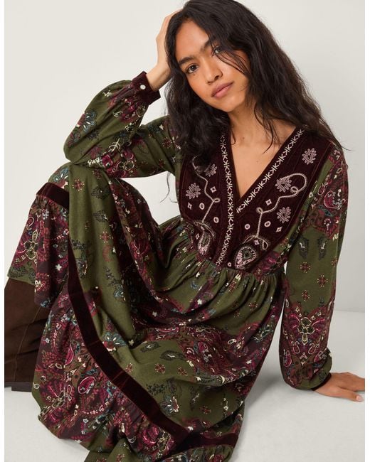 Monsoon Brown Jemima Paisley Print Jersey Midi Dress Green