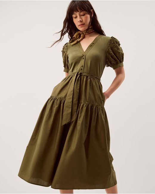 Monsoon Brown Fawn Puff Sleeve Midi Dress