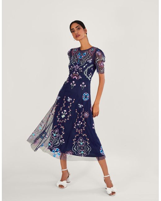 Monsoon Leor Embroidered Midi Dress In Recycled Polyester Blue
