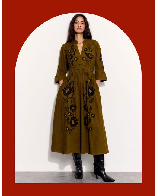 Monsoon East Floral Embroidered Corduroy Maxi Dress Green | Lyst UK