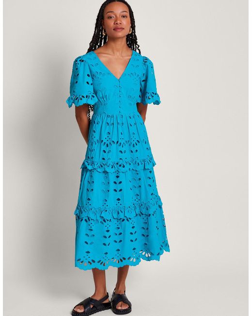Monsoon Beatrice Broderie Dress Blue