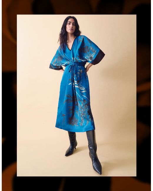Monsoon Clemence Lian Floral Print Kimono Dress Blue