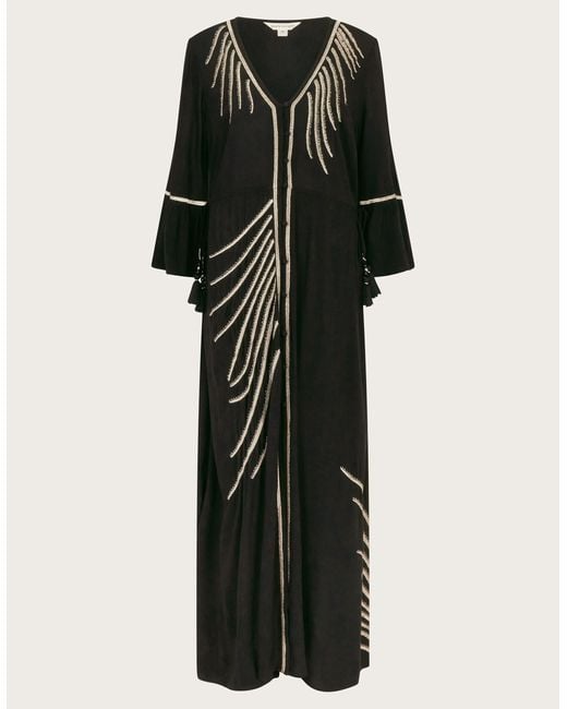 Monsoon Cali Embroidered Leaf Kaftan Dress Black