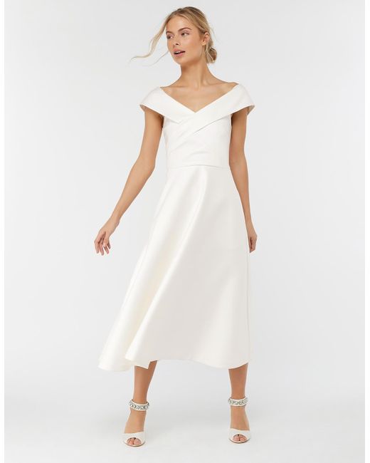 Monsoon White Grace Bardot Midi Wedding Dress