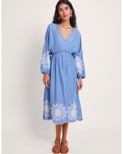 Monsoon Tabitha Embroidered Denim Dress Blue