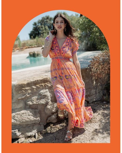 Monsoon Piti Cuiti Flutter Floral Print Maxi Dress Orange