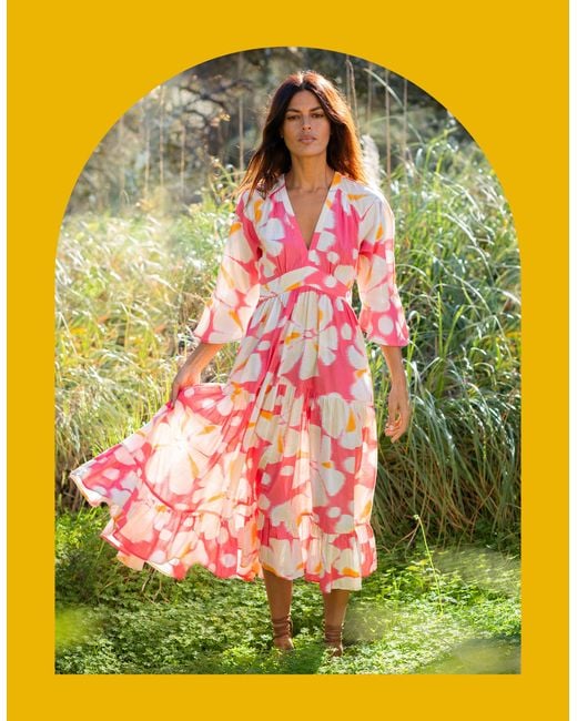 Monsoon La Galeria Elefante Women's Orange & Pink Floral Print Tiered Midi Dress, Size: S
